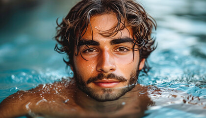 handsome man or male model enjoys the summer in the pool