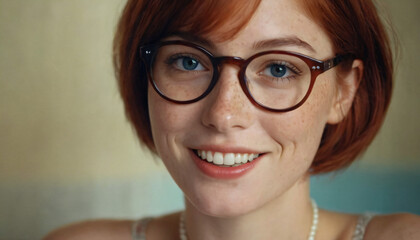Young Charming Lady with Freckles, Red Bob-Cut Hair, and Sapphire Blue Eyes - Elegant Headshot with Soft Light and Glasses