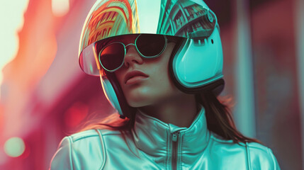 Futuristic Styles, Women Wearing Jackets and Helmets in Space, suitable for magazine covers, wallpapers, websites, and advertisements.