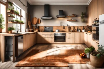 cozy well designed modern kitchen interior with appliances and carpet