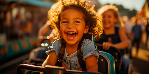 Fototapeta na wymiar Experience the incredible joy and laughter of children at the amusement park. Create everlasting memories with big smiles and happy faces.