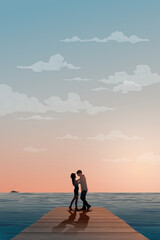 Silhouette of sweetheart embracing on the wooden pier have tropical blue sea and vanilla sky background vector illustration. Couple's journey concept flat design vertical shape have blank space. - obrazy, fototapety, plakaty