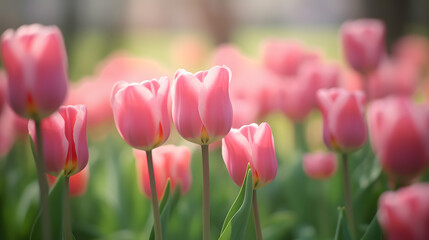 Fototapeta premium Close up buds of pink tulips fresh green leaves at blur green background copy space. Hollands tulip bloom in an orangery spring season. Floral wallpaper banner for floristry shop. Flowers concept.