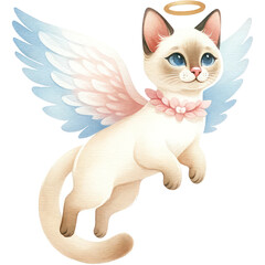 Siamese cat, A charming watercolor illustration of a pointed color Siamese cat with a pink nose, with angel wings and a halo, pet memorial, Mourning, PNG Clipart Transparent Background
