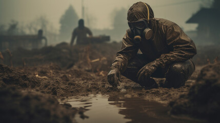 A gritty post-apocalyptic scene featuring a soldier in a gas mask carefully examining a contaminated environment. - obrazy, fototapety, plakaty