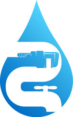 Blue drop of water mixer and key. Symbol for plumbing repair and service