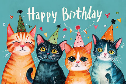 Happy birthday card with cute cats. Gouache Happy Birthday