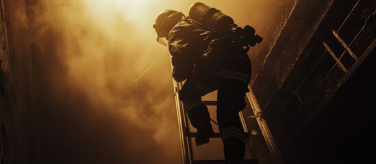 Firefighter climbing ladder in dark room with soft light, captured vertically. - obrazy, fototapety, plakaty
