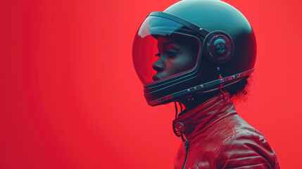 Cosmic Couture, Women Wearing Jackets and Helmets in Red Background, suitable for magazine covers, wallpapers, websites, and advertisements.