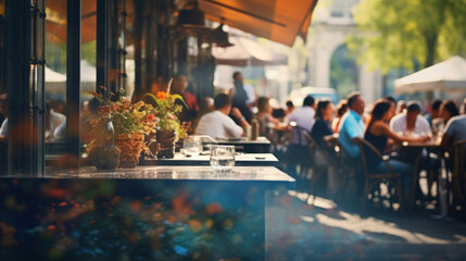 An outdoor restaurant patio bustles with diners enjoying meals and conversation in the warm, glowing sunlight of the day.