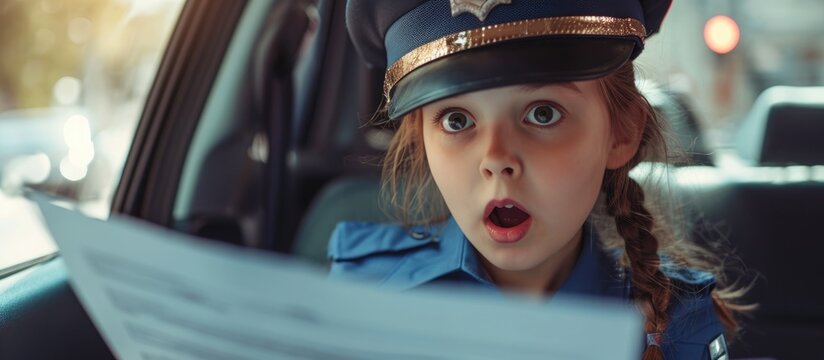 A young girl in a police uniform writes a traffic citation, appearing amazed and doubtful, with a sarcastic expression and wide-open mouth.