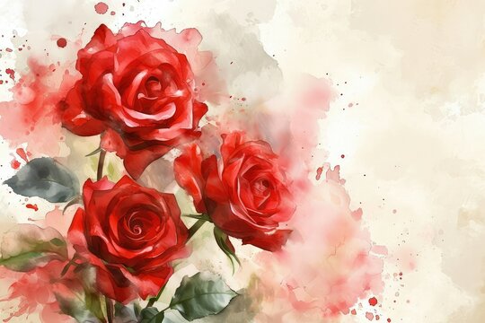 Red roses on a watercolor background, space for greeting text