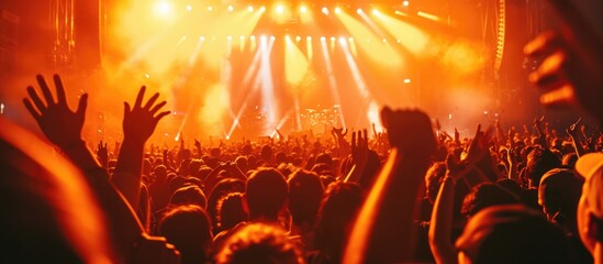 An energetic concert with vibrant orange lights, enthusiastic fans, and a sunny atmosphere of rock or pop music.