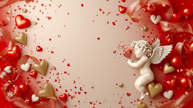 valentine background with angel cupid  hearts and confetti