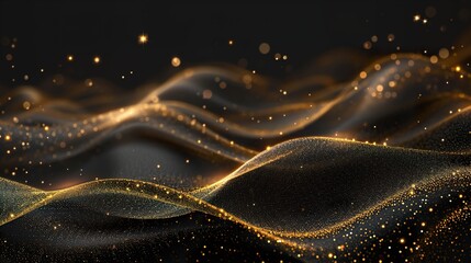 luxury black wavy background with golden glitter sparkles - obrazy, fototapety, plakaty