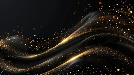 luxury black wavy background with golden glitter sparkles