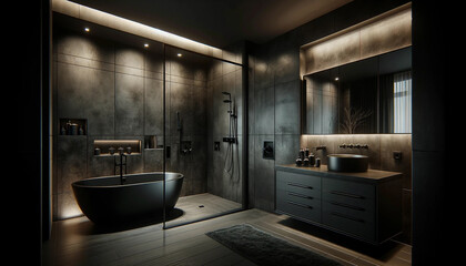 A sleek and sophisticated bathroom with a dark luxury design. The bathroom features an elegant black freestanding tub, set against a backdrop