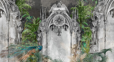 Art picture, drawing of an arch in tropical leaves, a peacock sitting on this background, drawing on a textured background, photo wallpaper for the interior
