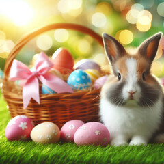 Fototapeta na wymiar Happy bunny with many easter eggs on grass, blured bokeh background. ai generative
