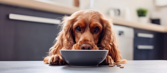 Cocker spaniel dog eating from a bowl in the kitchen.