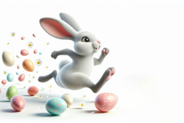 Naklejka na ściany i meble Running happy Easter bunny with eggs flying everywhere on solid white background. ai generative