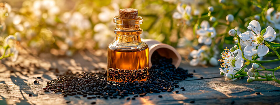 Black cumin oil on the table. Selective focus.