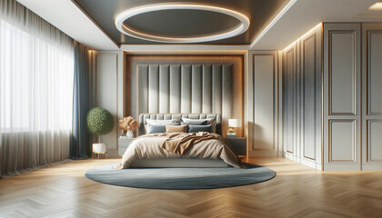 the interior of a stylish room with a comfortable bed. The design should be modern and inviting, showcasing a well-decorated