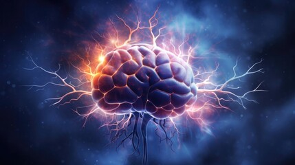 A close-up of the brain, on a blurred background. The human brain has a futuristic background. Rays, energy from the brain, the movement of neurons.