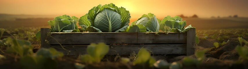 Cabbage harvested in a wooden box with field and sunset in the background. Natural organic fruit abundance. Agriculture, healthy and natural food concept. Horizontal composition, banner. - obrazy, fototapety, plakaty