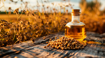Soybean oil on a table in the garden. Selective focus.