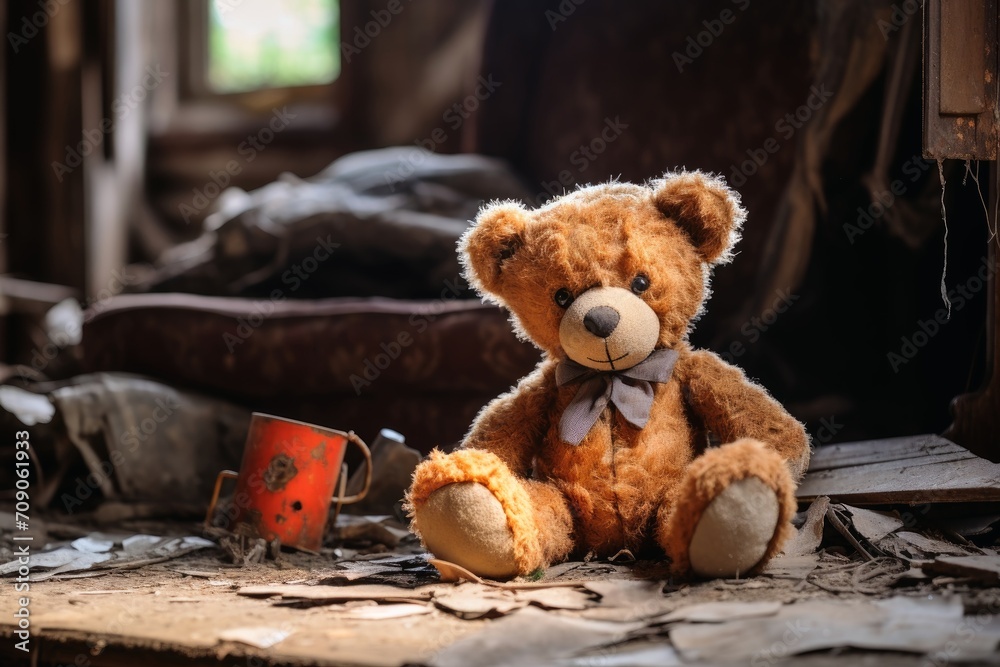 Wall mural A forgotten teddy bear in an abandoned and dilapidated house.