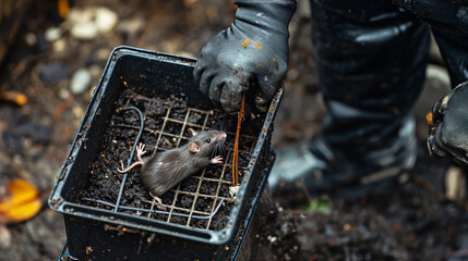 Pest professional, catches a rat in his trap. - obrazy, fototapety, plakaty