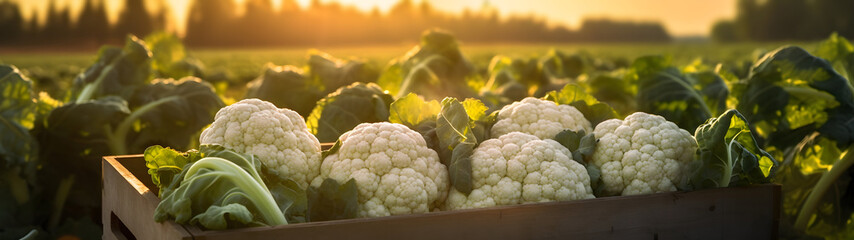 Cauliflower harvested in a wooden box with field and sunset in the background. Natural organic fruit abundance. Agriculture, healthy and natural food concept. Horizontal composition, banner. - obrazy, fototapety, plakaty