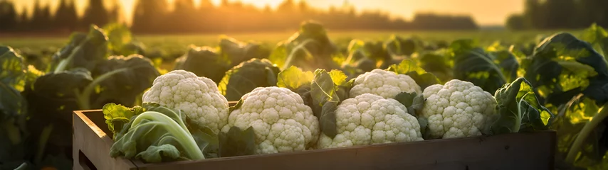 Deurstickers Cauliflower harvested in a wooden box with field and sunset in the background. Natural organic fruit abundance. Agriculture, healthy and natural food concept. Horizontal composition, banner. © linda_vostrovska