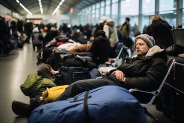 People sleeping at an airport due to a delayed aircraft.