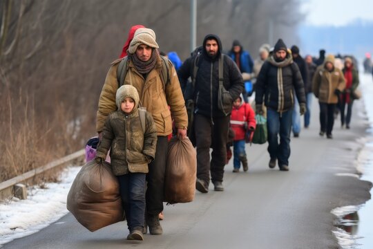 Fictional view of refugees on the way to a border.