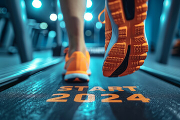 Close up of feet, sportsman runner running on treadmill with word START 2024 written on treadmill - obrazy, fototapety, plakaty