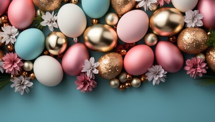 easter eggs and flowers background. easter eggs background in celebration of Easter. Colourful easter eggs flat lay. Decorated easter eggs on green background