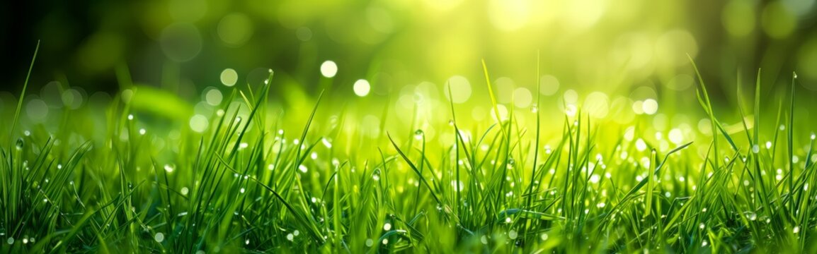 Close-up of Spring summer fresh grass with beautiful sunny bokeh background