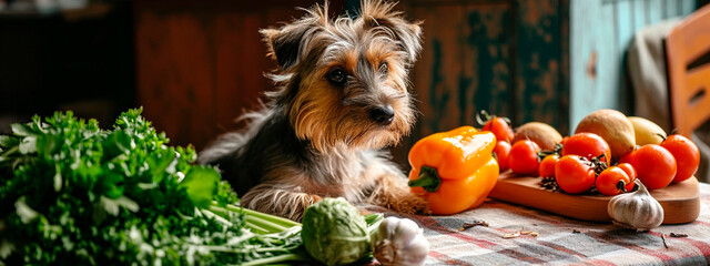 Dog food eats vegetables. Selective focus.