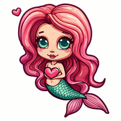 Mermaid in love with heart eyes. Cute cartoon character for emoji, sticker, pin, patch, badge. Vector illustration