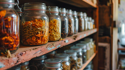 Various dried vegetables and fruits in jars. Selective focus.