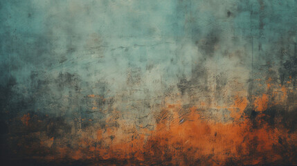 A weathered wall with a rich combination of teal and rustic orange textures, showing signs of age...