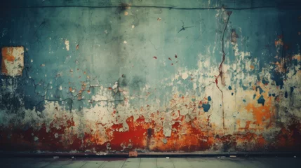 Fotobehang Old grungy wall with peeling orange paint and visible signs of decay over a cool teal backdrop. © red_orange_stock