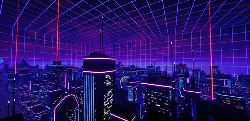 Neon urban future. Aerial view. Industrial zone in a futuristic city. Wallpaper in a cyberpunk style. Grunge cityscape with bright neon lights and huge futuristic buildings. 3D illustration.
