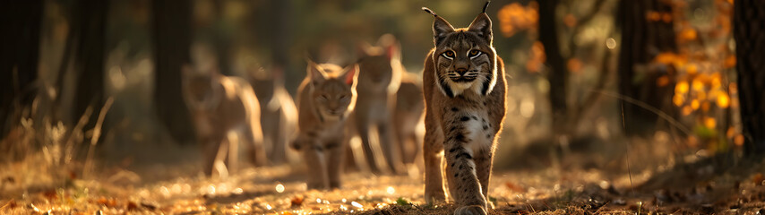 Group of lynx in the forest clearing in summer evening with setting sun. Horizontal, banner.