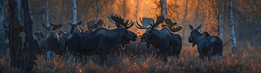 Group of moose in the forest in summer evening with setting sun. Horizontal, banner.