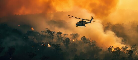 helicopter douses bush fire - obrazy, fototapety, plakaty