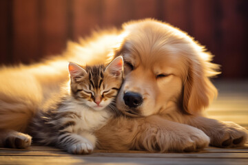 A cat and a dog are resting together. Friendship between cat and dog, space for text. Generative AI