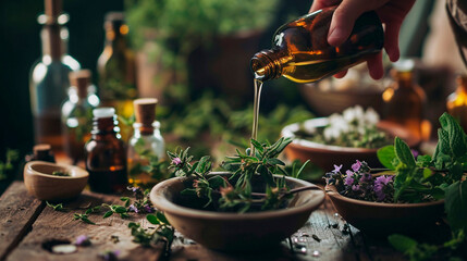 Tinctures of flowers and herbs, alternative medicine. Selective focus. - obrazy, fototapety, plakaty